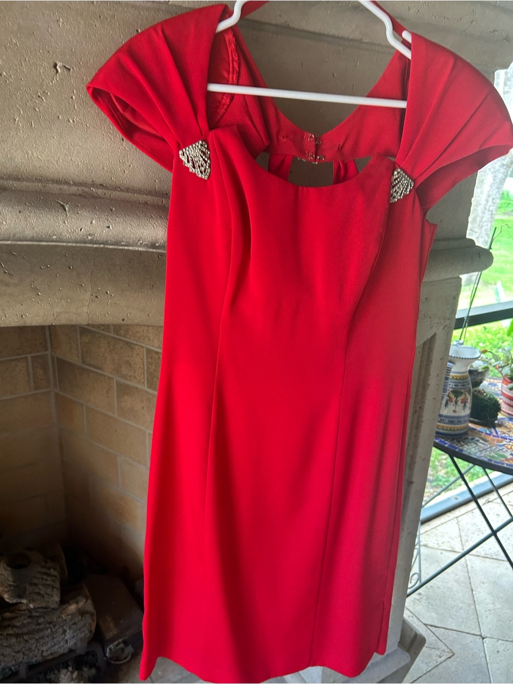 Night Way Collections Red Midi Dress with Embellished Shoulders